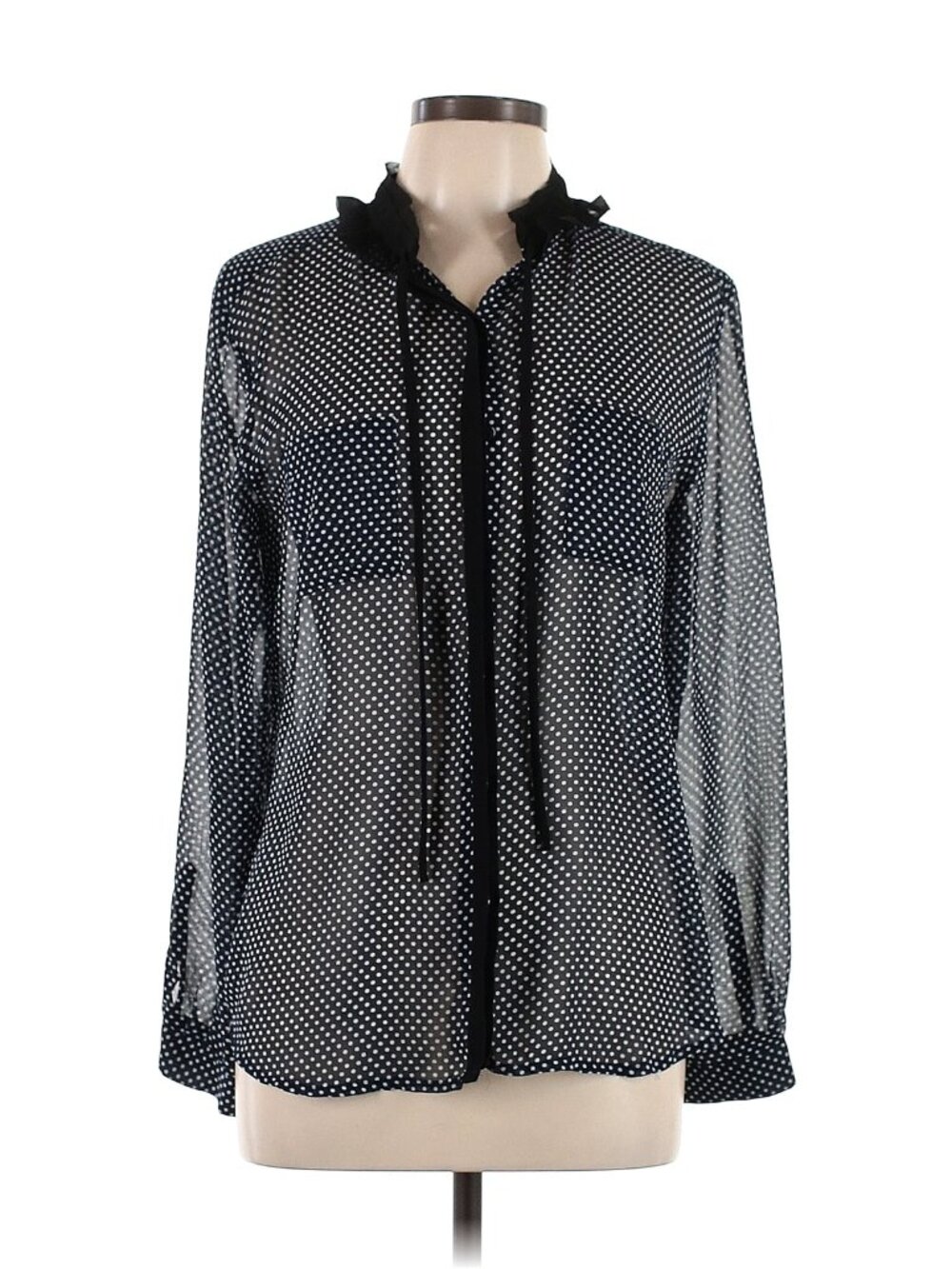Ann Taylor Loft Women's Sheer Polka Dot Button Up Blouse Size L, Navy and Black.